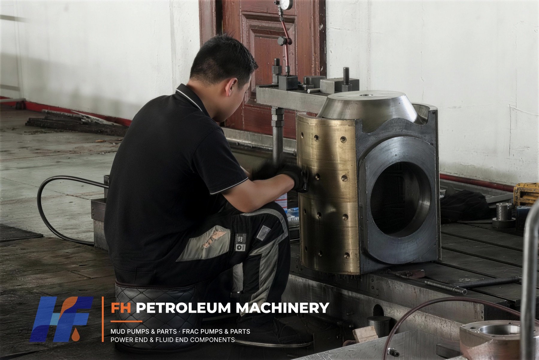 Técnico ajustando sapatas de bronze segmentadas em uma cruzeta de bomba de lama